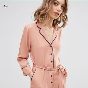 🍑 ASOS Pajama Contrast Piping Button Down Romper Jumpsuit Wide Leg Culottes